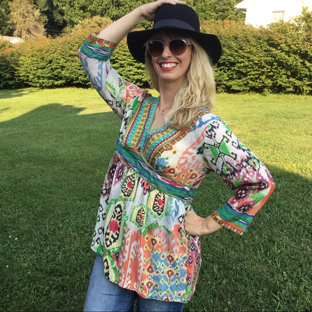 Johnny Was Silk V Neck Embroidered Boho Blouse